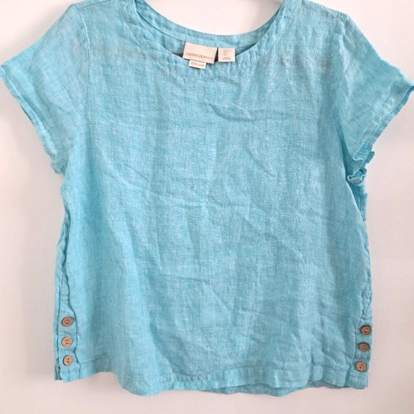 Cynthia Rowley Tops - Cynthia Rowley 100% Linen Top Aqua Blue Button Detail Short Sleeve Size Large